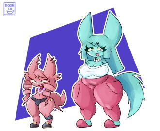 anthro ass belly big_ass big_breasts big_butt big_ears black_eyes blue_body blue_fur bottomwear breasts clothing collar crop_top duo female femboy footwear fur hi_res hotpants jewelry leg_wrap male mammal markings mature_female moonix_xero mother_(lore) mother_and_child_(lore) mother_and_son_(lore) necklace overweight pants parent_(lore) parent_and_child_(lore) parent_and_son_(lore) pear-shaped_figure piercing red_body red_fur shirt shoes short_stack shorts size_difference slightly_chubby slippers smile son_(lore) tail teapot_(body_type) thick_thighs topwear unknown_species wide_hips wrinkles