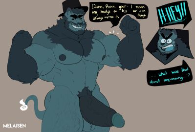 2022 absurd_res anthro balls bara bernard_(melaisen) big_muscles big_penis black_clothing black_hat black_headwear black_sclera black_speech_bubble black_top_hat blue_body blue_fur blue_tail blue_text blue_tongue bodily_fluids clothing dark_penis demon digital_drawing_(artwork) digital_media_(artwork) english_text felid flexing fur genitals glans gloves_(marking) grey_background hat hat_only headgear headgear_only headwear headwear_only hi_res huge_cock male male_anthro mammal markings melaisen mostly_nude mostly_nude_anthro mostly_nude_male muscles muscular muscular_anthro muscular_male nipples open_mouth pantherine pecs penis portrait possession simple_background solo speech_bubble sweat tail teal_balls teal_body teal_fur teal_glans teal_nipples teal_penis teeth text three-quarter_portrait tongue top_hat top_hat_only vein veiny_penis yaoi yellow_eyes yellow_text