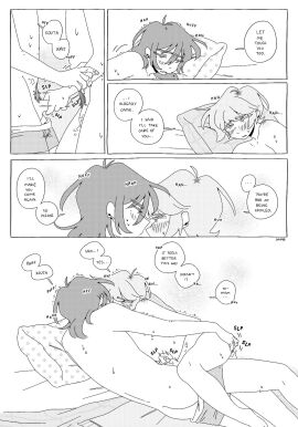 2boys ahoge anal_fingering arm_grab artist_name ass balls bed bed_sheet blonde_hair blush brown_hair close-up closed_eyes comic completely_nude cum cum_on_balls cum_on_hand dialogue dyed_hair ear_piercing earrings english_text erection eyebrows_visible_through_hair full-face_blush greyscale half-closed_eyes hand_on_another's_arm handjob happy_trail juliegg kouta_(juliegg) long_hair looking_at_another looking_at_partner looking_pleasured lying lying_on_bed lying_on_side male_pubic_hair moaning moaning_name mole mole_under_eye mole_under_mouth monochrome motion_lines mutual_masturbation original penis penis_grab pubic_hair romantic rui_(juliegg) screentone shoulder_blush sound_effects speech_bubble sweat sweatdrop trembling underwear underwear_down unseen_male_face watermark white_background wholesome yaoi