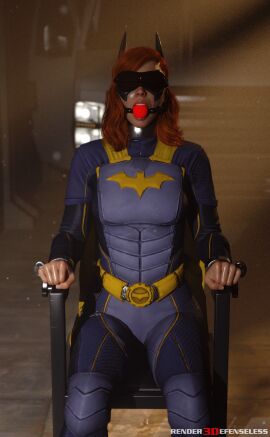 1girls 3d ball_gag batgirl batgirl_(barbara_gordon) batgirl_(gotham_knights) blindfold bondage chair clothed_bondage female female_only fully_clothed fully_clothed_female gagged gotham_knights rendereddefenseless solo