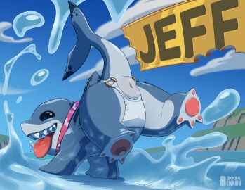 2d anus bestiality clothing feral hi_res jeff_the_land_shark land_shark_(species) male male_only marvel marvel_comics marvel_rivals open_mouth raised_tail renabu solo solo_focus solo_male tail teeth tongue underwear water