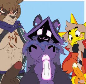 absurd_res adversarial_noise animal_humanoid anthro arm_tuft asian_clothing ass balls bear belly big_balls big_breasts big_butt blush bottomless breasts canid canine clothed clothing comparing ear_piercing east_asian_clothing elemental_creature elemental_humanoid epic_games erection female fire fire_creature fire_humanoid flustered flustered_male fortnite fur fuzzy gauged_ear gear genital_piercing genitals glowing glowing_genitalia glowing_penis group hajime_(fortnite) hi_res hip_tuft humanoid intersex intersex/male jacket jacket_only japanese_clothing kimono looking_at_viewer male mammal neon_colors nipple_tape nipples pantsless partially_clothed pasties peachielee pecs penis penis_piercing piercing raccoon_dog raven_team_leader scarf size_envy sunspot_(fortnite) tanuki tape topwear topwear_only trio tuft ursine