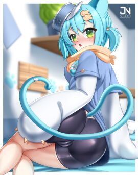 accessory animal_ears animal_humanoid armwear artist_name ass ass_focus bed bed_sheet bedding bedroom big_ass big_butt black_bottomwear black_clothing blue_bed_sheet blue_bedding blue_clothing blue_ears blue_hair blue_shirt blue_tail blue_topwear blush blushing_at_viewer bottomwear breasts bubble_ass bubble_butt butt_focus canned_food cat_humanoid clothed clothing domestic_cat felid felid_humanoid feline feline_humanoid felis female female_humanoid furniture green_eyes hair hair_accessory headgear headwear hi_res humanoid indie_virtual_youtuber inside jnstudio krumroll light-skinned_female light_body light_skin looking_at_viewer looking_back looking_back_at_viewer mammal mammal_humanoid medium_breasts neckwear open_can open_mouth orange_clothing pillow plant plant_pot potted_plant shirt signature solo tail teeth thick_thighs tongue topwear tuna_can virtual_youtuber vtuber white_armwear white_clothing white_pillow