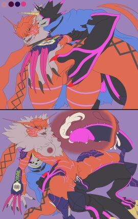 absurd_res anthro armor ass bandai_namco belt black_body black_sclera bodily_fluids breasts cape chest_tuft claw_(weapon) clothing cum cum_overflow cum_overflowing cum_while_penetrated digimon digimon_(species) duo ejaculation erect_nipples female finger_fuck fingering flat_colors fur gauntlets genital_fluids genitals gloves glowing glowing_eyes gulusgammamon handwear hi_res horn male male/female markings meicrackmon meicrackmon_vicious_mode melee_weapon monster_boy nipples on_bottom on_top open_mouth orange_body orange_fur penetration penile penile_penetration penis penis_in_pussy purple_markings pussy red_eyes reverse_cowgirl_position sacrificabominat sex shoulder_pads sinister_smile smile smirk smug smug_grin stinger_tail tail tuft unfinished vaginal_penetration weapon