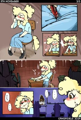 2024 abby_(canisfidelis) accessory anthro biped black_bars black_body black_nose blush bodily_fluids bottomwear breasts brown_body brown_countershading canid canine canis canisfidelis chair classroom closed_eyes clothed clothing countershade_face countershading dachshund domestic_dog ellipsis embarrassed eyebrows eyewear female floppy_ears fluffy fluffy_ears fluffy_hair fluffy_tail furniture genital_fluids glasses group hair hair_accessory hair_bun hair_sticks half-closed_eyes hi_res holding_object holding_pen hunting_dog improvised_sex_toy letterbox looking_at_another looking_down looking_pleasured male mammal masturbation meme ms._haley_(canisfidelis) multicolored_body narrowed_eyes no_nut_november on_chair pen ponytail poodle public_masturbation pussy school shirt sitting sitting_on_chair skirt small_breasts solo stealth_masturbation sweat tail through_clothing topwear tremble_spikes trio two-tone_body vaginal_fluids vaginal_masturbation vaginal_penetration white_body white_hair