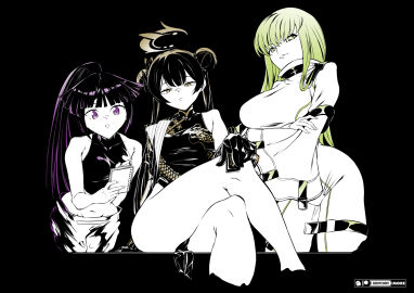 3girls akatsuki_(log_horizon) bangs bare_shoulders black_dress black_gloves black_hair blue_archive blunt_bangs bodysuit breasts c.c. china_dress chinese_clothes closed_mouth clothing coat code_geass cosplay crop_top crossed_arms crossed_legs crossover double_bun dress female flat_chest gloves green_eyes green_hair hair_bun halo highres holding kiddycorky kisaki_(blue_archive) large_breasts leaning_forward log_horizon long_hair long_sleeves looking_at_viewer midriff monochrome multiple_females multiple_girls navel nexon open_mouth pants parted_lips ponytail purple_eyes purple_hair sitting sleeveless smile solo standing straitjacket thighhighs thighs tied_hair very_long_hair white_bodysuit wide_sleeves yellow_eyes
