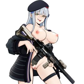 assault_rifle beret black_jacket black_nails blue_hair breasts commentary_request commission cowboy_shot cross cross_hair_ornament eotech female girls'_frontline gun h&k_hk416 hair_ornament hat heckler_&_koch hk416_(girls'_frontline) hk416_(mod3)_(girls'_frontline) holding holding_gun holding_weapon iron_cross jacket jian_(ntd_ak12) looking_at_viewer naked_jacket nipples off_shoulder open_clothes open_jacket pussy rifle simple_background skindentation smile teardrop_facial_mark teardrop_tattoo teeth thigh_strap tongue tongue_out trigger_discipline uncensored upper_teeth weapon white_background