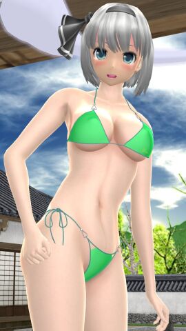 1girls 2023 3d armpit belly_button bikini black_ribbon blue_eyes blue_sky blush breasts clavicle cleavage clouds female green_bikini grey-haired_female hati_yukkuri_mmd headband human light-skinned_female light_skin looking_at_viewer midriff mmd open_mouth short-haired_female sky solo_female solo_focus spirit swimsuit touhou uncanny_valley waist wisp youmu_konpaku