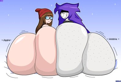 2girls ass ass_focus ass_to_ass big_ass bubble_ass bubble_butt fat_ass female female_only freckles huge_ass hyper_ass multiple_females multiple_girls sharp_teeth syrupswaffles teeth thick_thighs wide_hips