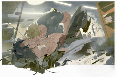 2boys black_hair black_pantyhose black_shirt black_shoes blonde_hair blue_shirt brown_gloves cid_highwind closed_eyes dog_tags final_fantasy final_fantasy_vii gay gay_male gloves hair_between_eyes headband highres lokko_nai long_hair male male_focus multiple_boys multiple_males open_clothes open_shirt pantyhose parted_lips red_headband shirt shoes short_hair sweat vincent_valentine yaoi