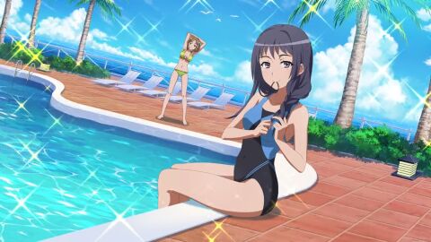 armpits ass awatsuki_maaya bare_arms bare_belly bare_legs bare_shoulders bare_thighs barefoot belly_button bikini black_eyes black_hair breasts brown_hair closed_mouth feet female green_bikini legs_in_water long_hair medium_breasts official_art one_piece_swimsuit pool poolside short_hair sitting smile standing stretching swimsuit thighs to_aru_kagaku_no_railgun to_aru_majutsu_no_index wannai_kinuho