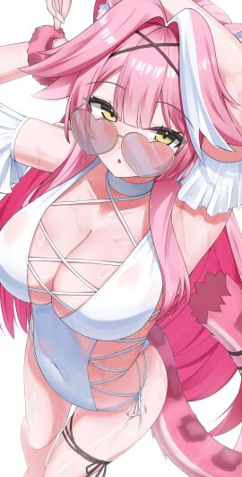 absurdres alternate_costume animal_ear_fluff animal_ears arm_up armpits breasts cleavage commentary covered_navel cross-laced_clothes cross-laced_one-piece_swimsuit female foreshortening hair_intakes heart heart-shaped_eyewear highres hololive hololive_english large_breasts long_hair looking_at_viewer multicolored_hair nobarts one-piece_swimsuit open_mouth panther_ears panther_girl panther_tail pink_hair raora_panthera simple_background solo standing streaked_hair swimsuit tail thighs virtual_youtuber wet white_background white_hair white_one-piece_swimsuit yellow_eyes