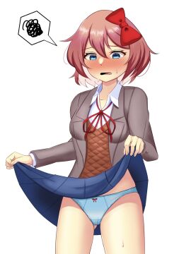 1girls 5_fingers ass_visible_through_thighs blue_eyes blue_panties blue_skirt blush blush_lines blushing bow bow_panties breasts clothed clothes clothing doki_doki_literature_club female hair_bow hairbow lifting_own_clothes lifting_skirt mhmundead miham_moni oham_yuri panties red_bow red_hair_bow red_hairbow sayori_(doki_doki_literature_club) skirt skirt_lift skirt_lifted_by_self strawberry_blonde_hair thighs
