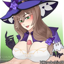 1boy 1girls belly_button big_breasts breasts brown_hair clothed_female_nude_male female female_focus genshin_impact green_eyes hair_ornament hands-free hat kurodahlia18 large_breasts lisa_(genshin_impact) looking_at_penis male male_pov nails naked nipples nude nude_female open_mouth paizuri paizuri_over_clothes paizuri_under_clothes penis purple_hat rose_(flower) titjob titjob_pov witch_hat