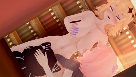 3am 3d 3girls big_breasts black_hair blonde_hair breast_grab breast_sucking breasts cunnilingus eyes_rolling_back female female_only holding_head indie_virtual_youtuber kaneko_lumi large_breasts library nekrolina nipples olivia_monroe phase_connect pink_hair spamkaju sucking_nipples virtual_youtuber wet yuri