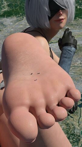 1girls 3boys 3d blindfold city clothing feet feet_focus female_focus foot_fetish giantess kaine_(nier)_(cosplay) light-skinned_female light_skin looking_at_viewer lying lying_on_stomach macro male nier nier:_automata short_hair white_hair yasu_tsuyokute yorha_2b