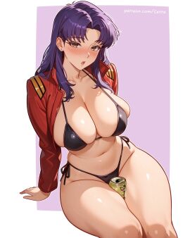 1girls alternate_version_available beer beer_can big_breasts bikini bikini_bottom bikini_top black_bikini blush bottomwear breasts brown_eyes cetta_(cettadvd) cleavage ear_piercing earrings female female_only hair huge_breasts jacket long_hair mature mature_female mature_woman misato_katsuragi neon_genesis_evangelion object_between_thighs open_jacket purple_hair red_jacket solo solo_female swimwear thick_thighs thighs topwear
