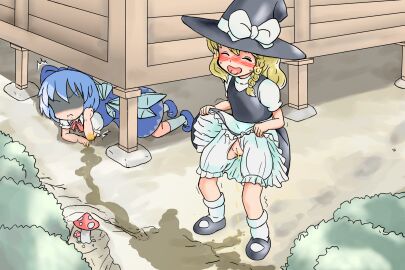 2girls apron blonde_hair bloomers blue_bow blue_dress blue_hair bow braid cirno clothes_lift crotchless crotchless_bloomers dress dress_lift female garara golden_shower hairbow hat hat_bow highres ice ice_wings kirisame_marisa lifting_own_clothes multiple_females multiple_girls peeing pussy side_braid touhou uncensored urine wings