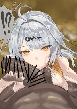 !! !? 1boy 2025 :>= absurd_res ahoge bangs bar_censor breasts censor_bar censored dark-skinned_male dark_skin eyebrows_visible_through_hair fellatio female hoyoverse interracial large_penis light-skinned_female light_skin long_hair looking_at_viewer mihoyo nude oral penis pointless_censoring pov silver_hair simple_background solo_focus straight testicles yellow_eyes yeowasae yixuan_(zenless_zone_zero) zenless_zone_zero