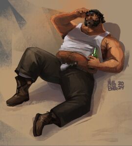 alcohol alcohol_bottle alcoholic_beverage alcoholic_drink arcane arcane:_league_of_legends arm_up armpit_hair armpits artist_request beard beard_stubble belly beverage beverage_bottle black_pants boots bottle bottle_in_hand brown_boots brown_hair bulge bulge_through_clothing clothed clothed_male clothes clothing dad_bod dark_hair facial_hair hairy_armpits hairy_belly hand_on_head holding_bottle holding_object league_of_legends loris_(arcane) lying lying_on_back male male_focus male_only male_underwear mature mature_male musclegut muscles muscular muscular_arms muscular_male pants riot_games simple_background solo solo_anthro solo_male tank_top tank_top_lift unbuttoned_pants underwear underwear_bulge unpleasure_face vein veins veiny veiny_muscles whiskers white_tank_top