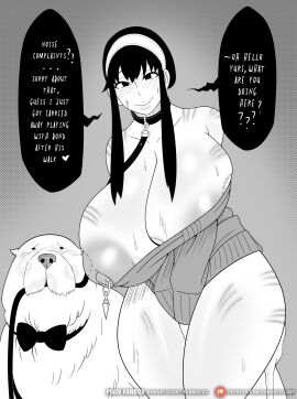 1girls bite_mark bond_(spy_x_family) breasts breasts_bigger_than_head canine consensual dialogue dominant_male female gigantic_breasts huge_breasts human implied_bestiality implied_zoophilia leash leash_and_collar married_to_feral monochrome nipple_piercing nipples one_breast_out overflowing_breasts piercing puffy_areola puffy_nipples semantic_lust spy_x_family submissive_female text venus_body voluptuous wardrobe_malfunction wide_hips yor_briar yor_forger zoophilia