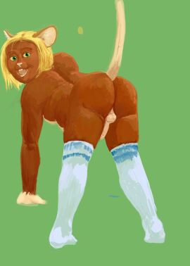 2009 anthro ass balls blonde_hair brown_body brown_fur buckteeth clothing colored erection footwear fur genitals green_background green_eyes hair jeri_kleinlowe looking_back male mammal mouse mouse_ears mouse_tail murid murine open_mouth penis raised_tail rear_view rodent simple_background smile socks solo tail teeth