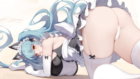 1girls absurdres all_fours aqua_hair ass ass_focus back bar_censor bare_shoulders bow breasts cat_ears censor_bar censored elbow_gloves fake_animal_ears female frills from_behind garter_straps goddess_of_victory:_nikke hair_ornament huge_breasts kanon_(sinto) looking_at_viewer looking_back lying_on_stomach maid maid_apron maid_headdress no_panties privaty_(nikke) privaty_(unkind_maid)_(nikke) pussy solo solo_female thighhighs twintails white_gloves white_legwear yellow_eyes