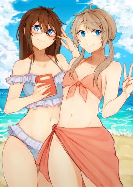 1boy 1girls beach bikini blue_eyes brown_hair crossdressing drawgach female femboy glasses hair_between_eyes hairclip male original peace_sign sarong seaside swimsuit twintails