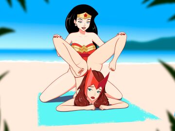 2girls anoneysnufftan applying_sunscreen avengers beach beach_towel bikini black_hair blue_eyes blurry_background brown_hair crossover dc dc_comics dc_vs._marvel diana_prince earring embarrassed female female_only headband headdress humiliation imminent_death jewelry killer_lotion long_hair marvel marvel_comics massage nail_polish peril punishment rubbing sand scarlet_witch seaside sinfulline summer sunbathing swimsuit towel wanda_maximoff wonder_woman wonder_woman_(series)