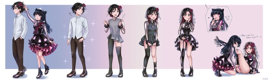 ! 1boy 2girls ? absurdres black_dress black_hair black_shoes black_thighhighs blush breasts brown_eyes brown_pants dildo dress elisabetlis english_text female flower gender_transformation genderswap genderswap_(mtf) hair_flower hair_ornament highres latex lingerie long_hair love_live! love_live!_sunshine!! male medium_breasts mtf_transformation multiple_females multiple_girls open_mouth original panties pants pink_eyes pink_panties purple_hair pussy pussy_juice rule_63 sakurauchi_riko sequential sex_toy shirt shoes surprised thighhighs tongue tongue_out transformation transforming_clothes tsushima_yoshiko underwear vaginal_penetration veil white_shirt white_tiara yellow_eyes yuri