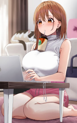 1girls bare_legs barefoot big_breasts breasts brown_eyes brown_hair bubble_tea_challenge computer dolphin_shorts drinking drinking_straw feline female hi_res indoors laptop looking_at_object medium_hair mole mole_on_arm ol-chan_(udon) original pink_shorts short_shorts shorts sitting sleeveless sleeveless_sweater solo sweater udon_(udonalium) wariza white_sweater