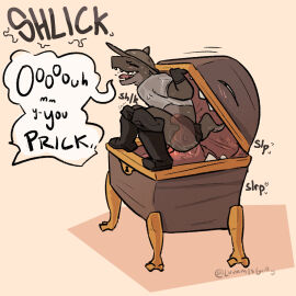 ambiguous_gender anal anal_sex anthro blush clothing deep_rimming dialogue duo footwear hat headgear headwear hi_res hyena inside_mouth luvamisguilty mammal mimic mimic_chest monster oral penetration rimming sex simple_background sound_effects speech_bubble tail teeth_showing tongue tongue_out vore