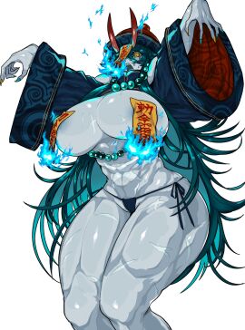 1girls big_breasts blue_body blue_fire blue_skin breasts chinese_mythology cleavage female horns japanese_mythology jiangshi mythology necklace oc ofuda oni panties pasties skeb_commission talisman thick_thighs toned toned_female warawaranka yellow_eyes