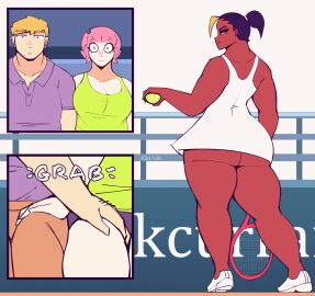1boy 2girls animated ass ass_shake big_ass black_hair blonde_hair bouncing_ball bubble_ass bubble_butt cdlum damson_(cdlum) dark-skinned_female dark_skin fat_ass female hand_on_another's_thigh hand_on_thigh large_ass light-skinned_male light_skin looking_back male maple_(cdlum) net no_panties original pear_(cdlum) shaking_ass swaying swaying_ass tennis_ball tennis_racket tennis_uniform thick_ass thick_thighs wide_hips
