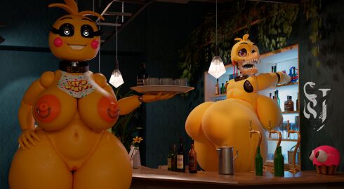 3d_(artwork) animatronic anthro areola ass avian bar barbell_piercing beak beakless bib big_areola big_breasts big_butt bird breasts chicken collar cupcake_(fnaf) curvy_figure digital_media_(artwork) duo female five_nights_at_freddy's five_nights_at_freddy's_2 galliform gallus_(genus) hand_on_hip hi_res holding_tray huge_butt huge_thighs impaer_jaster inside looking_at_viewer looking_back looking_back_at_viewer lovetaste_chica machine navel nipple_barbell nipple_piercing nipples non-mammal_breasts non-mammal_navel non-mammal_nipples nude nude_anthro nude_female phasianid piercing robot robot_anthro scottgames sharp_teeth smile smiling_at_viewer teeth thick_thighs toy_chica_(fnaf) toy_chica_(love_taste) watermark wide_hips withered_chica withered_chica_(mhdrawin)