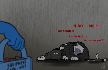 ambiguous_gender angry anthro arm_wrapping arm_wraps arvenzo barefoot blue_body blurred_foreground bottomwear box canid canine canis cloak clothing container death_(puss_in_boots) defeated dialogue dreamworks duo e621 english_text equipment eyebrows facial_markings feet fur fuzzy glowing glowing_eyes grey_background grey_body grey_fur head_markings hi_res holding_object imminent_sex item_box looking_at_viewer lying male male_only mammal markings mask_(marking) narrowed_eyes nervous offscreen_character on_front on_ground pants poncho puss_in_boots_(dreamworks) puss_in_boots_(film) puss_in_boots_the_last_wish red_eyes sex_toy shadow shrek_(series) sickle signature simple_background solo_focus stuttering suggestive text toolbox torn_clothing watermark wolf wrapped_arms wraps