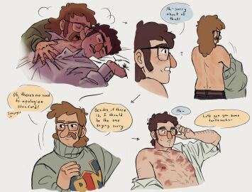 2boys brown_hair fiddleford_mcgucket getting_dressed glasses gravity_falls half_dressed hickey hickey_marks hickies implied_sex love_bites male male_only moustache open_clothes stanford_pines