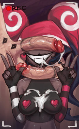 after_fellatio big_penis black_lipstick black_nails breasts cant_see_the_haters cum cum_drip cum_on_breasts dryvial female hazbin_hotel kiss_mark lipstick_mark lipstick_on_penis lipstick_ring male partial_male penis tagme upscaled velvette