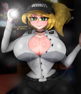 1girls belt big_breasts blonde_female blonde_hair breasts breasts_bigger_than_head breasts_out busty busty_female buttons cap choker eye_contact five_nights_at_freddy's five_nights_at_freddy's:_security_breach flashlight freckles freckles_on_breasts freckles_on_face gothtrishy green_eyes hat heart holding_object large_breasts light-skinned_female light_skin long_hair long_sleeves looking_at_viewer messy_hair open_clothes open_shirt pale-skinned_female pale_skin ponytail scottgames security security_guard seductive seductive_eyes seductive_look seductive_smile shiny_breasts shiny_clothes shiny_hair shiny_skin small_waist smile smiling smiling_at_viewer steam steaming_body text thick_thighs vanessa_(fnaf)