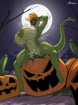 anthro areola big_breasts biped blush bodily_fluids breasts detailed_background female front_view genital_fluids genitals green_body hair hi_res jack-o'-lantern joaoppereiraus lira_(joaoppereiraus) lizard looking_pleasured masturbation nipples open_mouth orange_hair outside penetration pupils reptile scalie smile solo tail tales_of_sezvilpan thick_thighs vaginal_fluids vaginal_penetration vulva