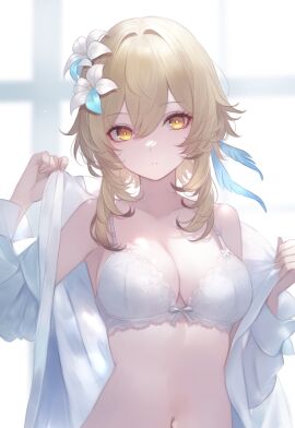 blonde_hair cute female genshin_impact lumine_(genshin_impact) off_shoulder pale_skin solo_female undressing yellow_eyes