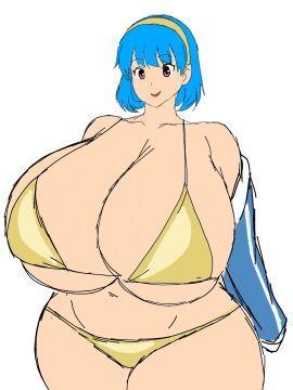 bikini blue_hair breasts breasts_bigger_than_head female gold_bikini golden_bikini huge_breasts jpg massive_breasts momiji_(artist) original original_character red_eyes rina_atherina rina_atherina_(errorkazoo) tagme twitter_link wide_hips