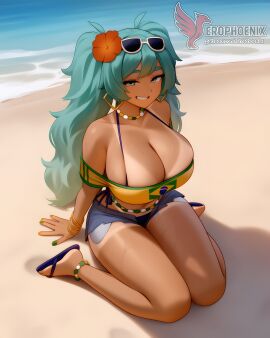 1girls 2d ai_generated aqua_hair ass barefoot big_ass big_breasts bikini bracelet brazilian_miku breasts dark-skinned_female earrings erophoenix eyewear_on_head feet full_body grin hair_flower hair_ornament hatsune_miku huge_breasts jewelry kneeling long_hair looking_at_viewer looking_back nail_polish patreon_username shorts smile soles solo solo_female sunglasses swimsuit tan tellow_shirt thick thick_thighs toes uncensored vocaloid