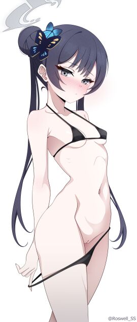 absurdres bikini bikini_bottom_pull black_hair blue_archive blue_eyes blush breasts butterfly_hair_ornament cleft_of_venus closed_mouth cowboy_shot double_bun female grey_eyes grey_halo hair_bun hair_ornament halo highres kisaki_(blue_archive) long_hair looking_at_viewer micro_bikini navel nose_blush pulling_own_clothes pussy roswell-ss simple_background small_breasts solo stomach swimsuit twintails white_background
