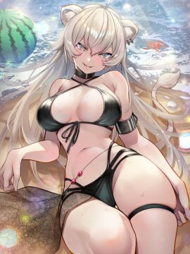 ahoge alternate_costume alternate_hairstyle animal_collar animal_ear_fluff animal_ear_piercing animal_ears animal_tail arm_strap armpit_crease bare_shoulders beach bikini black_bikini black_collar blush breasts collar criss-cross_halter cute_fang day double-parted_bangs ear_piercing female female_only food front-tie_bikini_top front-tie_top fruit grey_eyes grey_hair hair_between_eyes halterneck head_tilt highleg highleg_bikini highres hololive hololive_gen_5 hololive_japan kemonomimi knee_up large_breasts lion_ears lion_tail long_hair looking_at_viewer lying multi-strapped_bikini_bottom navel oerba_yun_fang omoti_(1201208) on_back open_mouth outdoors sand shishiro_botan skin_fang skindentation smile solo starfish stomach swimsuit tail thigh_strap virtual_youtuber watermelon wet