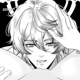 1boy 1girls brother_and_sister cunnilingus cunnilingus_pov female female_pov greyscale hair_between_eyes honkai:_star_rail incest looking_at_viewer male monochrome oral pussy pussy_licking robin_(honkai:_star_rail) siblings sunday_(honkai:_star_rail)