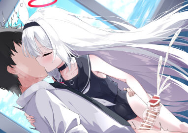 1boy armpit_crease bar_censor bare_arms bare_legs black_choker black_hairband black_sailor_collar black_serafuku blue_archive braid censored choker closed_eyes coat collarbone colored_inner_hair cum ejaculation female hairband halo hand_on_another's_back handjob heart heart_halo highres kissing madotsukumo male multicolored_hair neckerchief pink_halo plana_(blue_archive) red_halo ribbon sailor_collar school_swimsuit school_uniform sensei_(blue_archive) serafuku single_braid sweat swimsuit white_choker white_neckerchief white_ribbon young