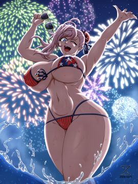 1girls american_flag_bikini bikini bikini_bottom bikini_top blue_eyes breasts_bigger_than_head fate/grand_order fate_(series) female female_only fireworks hair_bun holding_sunglasses huge_breasts light-skinned_female light_skin light_skinned_female midriff miyamoto_musashi_(fate) miyamoto_musashi_(swimsuit_berserker) miyamoto_musashi_(swimsuit_berserker)_(fate) miyamoto_musashi_(swimsuit_berserker)_(second_ascension)_(fate) navel nipple_bulge side_ponytail solo solo_female sunglasses thick_thighs underboob voluptuous voluptuous_female wet_body white_hair wide_hips winking winking_at_viewer zebas71