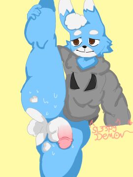 bunny_boy bunny_ears bunny_tail cock cock_out flaccid flaccid_penis furry furry_ass furry_male furry_only hoodie leg_grab legs_up male mark_(sl33py_demon) original original_character partially_clothed penis penis_out raised_leg sl33py_demon sweat sweatdrop sweating sweaty