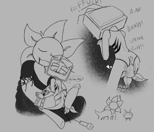 black_liquid consensual crying dandy's_world dandy_(dandy's_world) f0r31g4n female monster_on_female nervous_expression robot_girl scratch_marks straight too_big tv_head twisted_dandy_(dandy's_world) vee_(dandy's_world) waist_grab